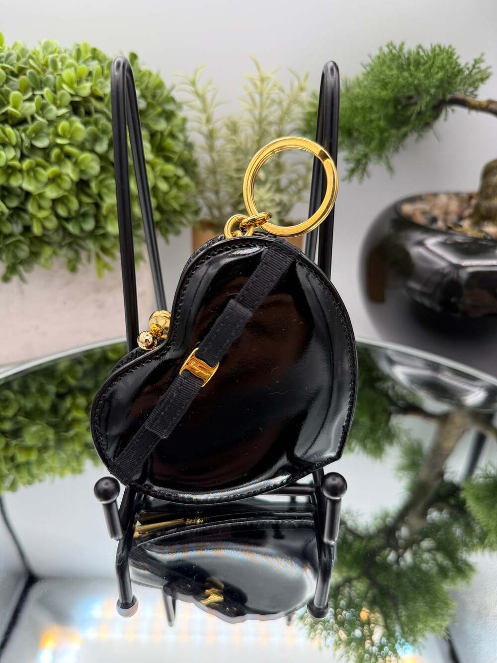 Vintage  Salvatore Ferragamo Heart-Shaped Kisslock Bag Charm / Coin Purse Black